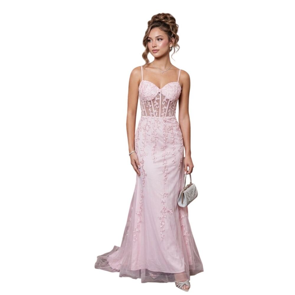 Wear Love Corset Open Back Lace Prom Brides Maid Dress Pink 2